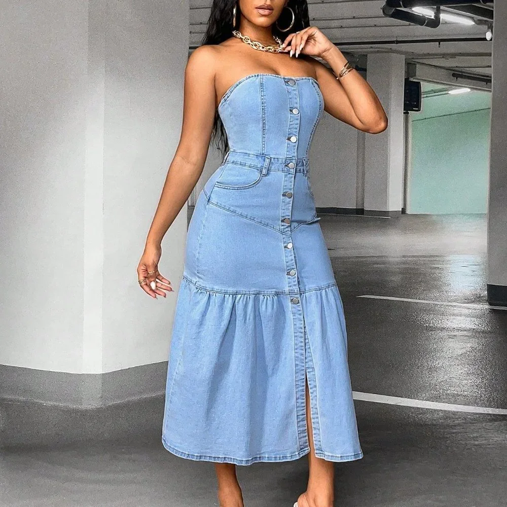 Light Wash Casual Womens Button Front Tube Denim Dress - Picture 4 of 5